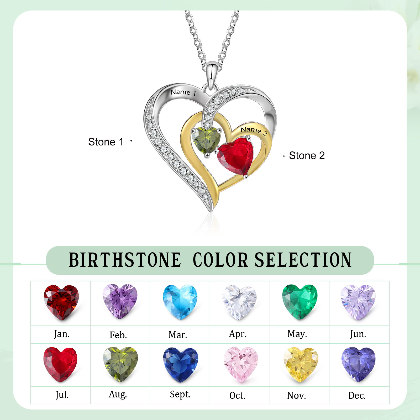 Personalised Intertwined Heart Pendant Necklace Custom 2 Birthstones & 2 Names Necklace Gifts for Her-Jessemade AU