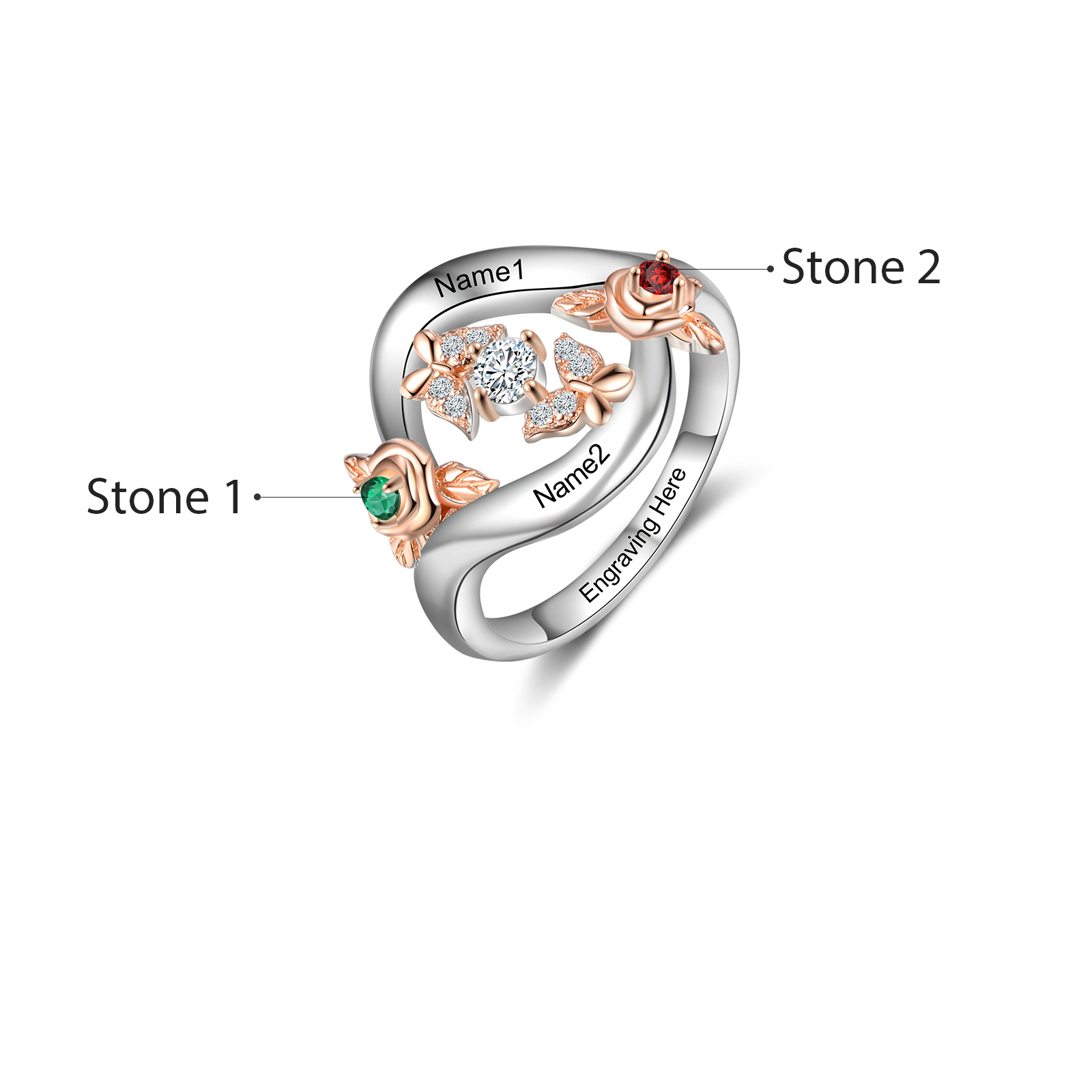 Personalised Rose Ring With 2 Birthstones Engraved Names Ring Gift For Women-Jessemade AU