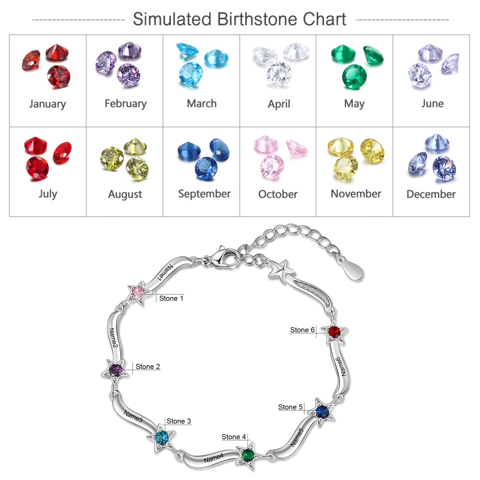 Personalised Star Bracelet With 6 Birthstones Custom Names Bracelet Gift For Women-Jessemade AU