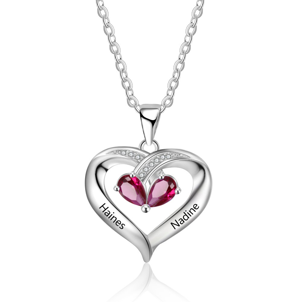 Personalised Heart Mother Necklace With 2 Birthstones Engraved Names Gifts For Her-Jessemade AU