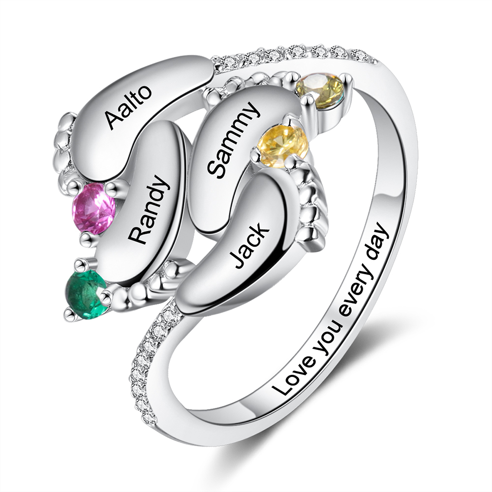 Personalised Baby Foot Ring With 4 Birthstones Engraved Names Ring Gift For Women-Jessemade AU