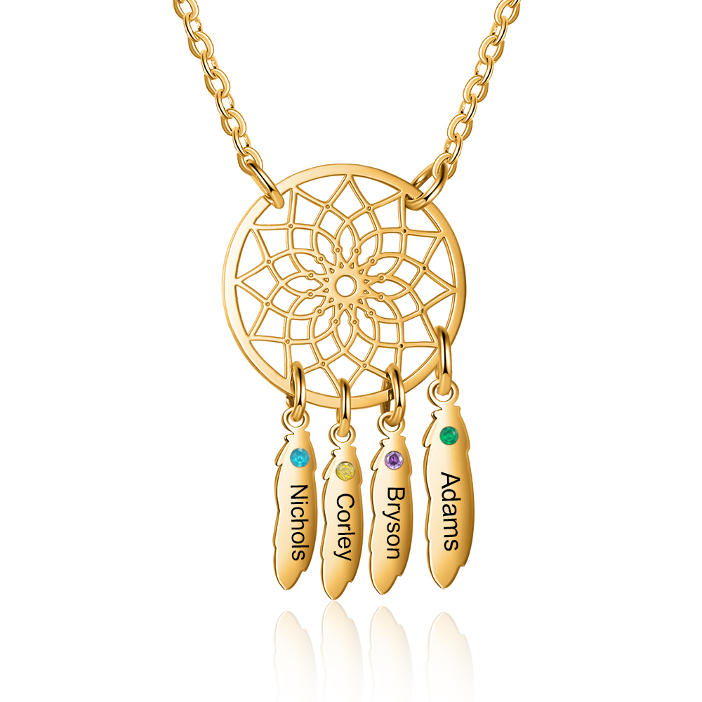 Personalised Dream Catcher Necklace With Birthstone Custom 4 Names Necklace Gift For Mother