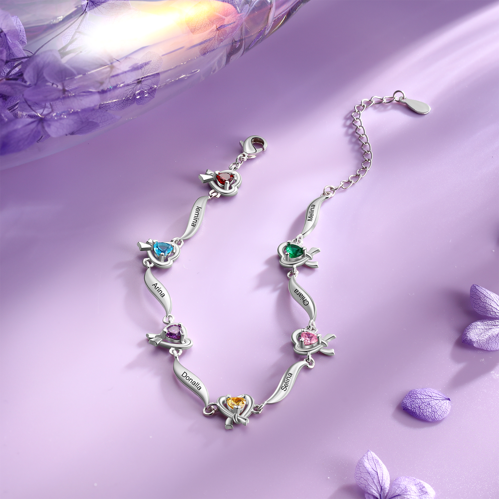 Personalised Heart Bracelet with 6 Birthstones Engraved Names Bracelet Gifts For Her-Jessemade AU