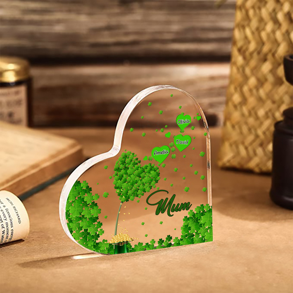 3 Names - Personalised Acrylic Heart Keepsake Custom Text Four-Leaf Clover Ornament Gift for Mother/Grandma-Jessemade AU