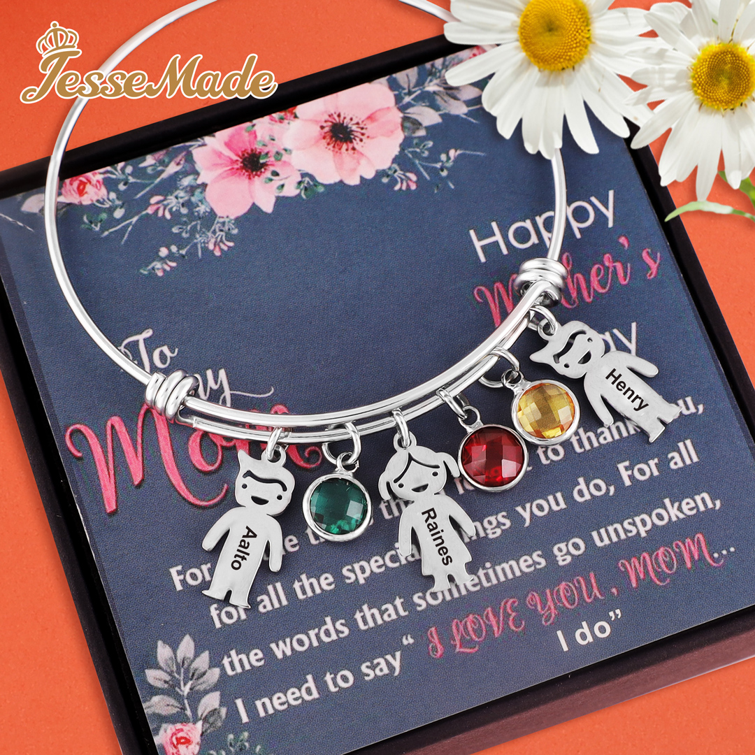 Personalised Kid Charms Bangle Bracelet With Names Customised 4 Birthstones Gift for Her-Jessemade AU
