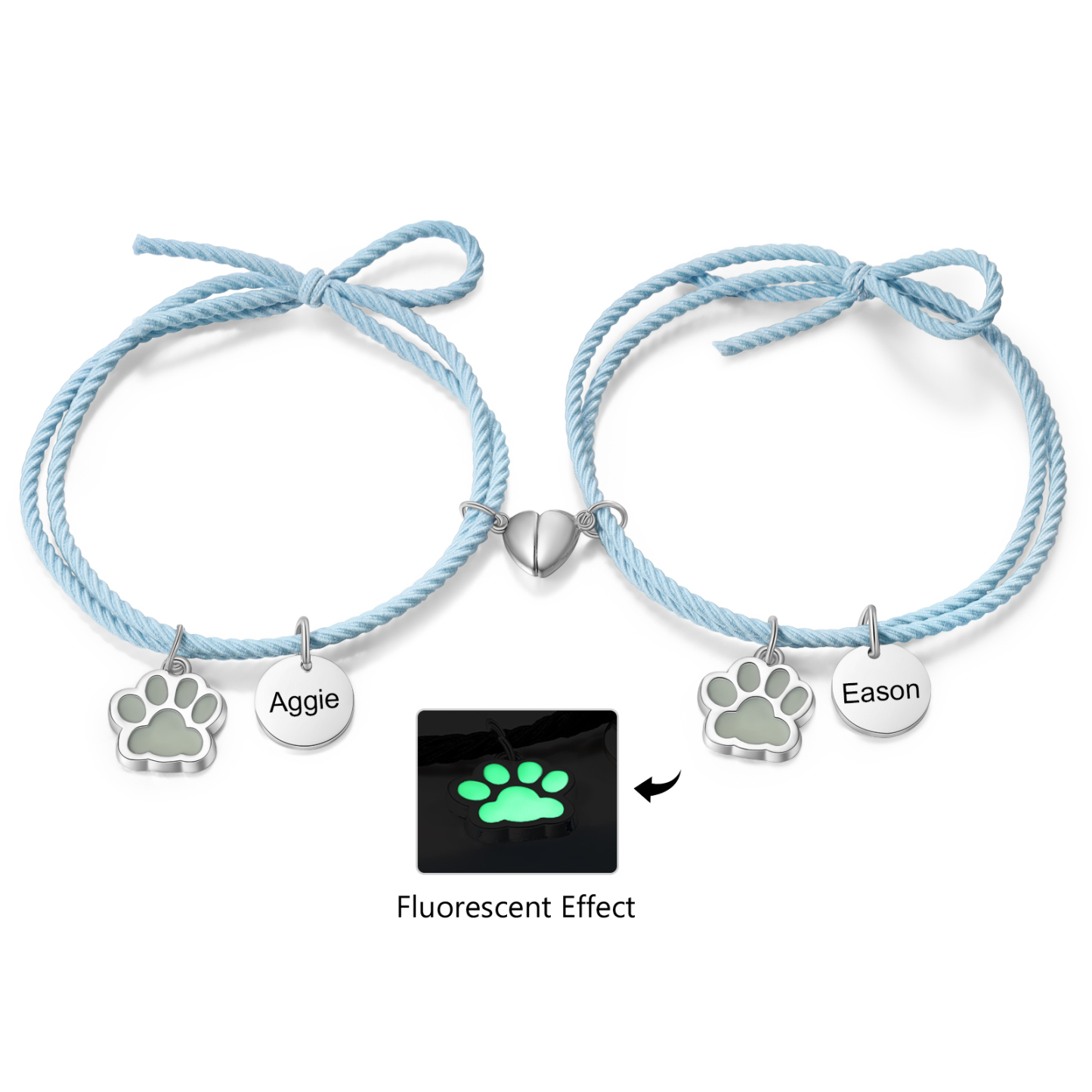 Personalised Couple Bracelets Engraved 2 Names Dog Paw Fluorescent Bracelet Magnetic Bracelet Gifts For Him/Her-Jessemade AU