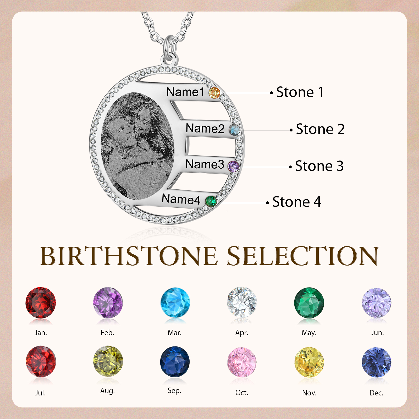 Personalised Photo Necklace Custom 4 Names Birthstone Necklace for Women-Jessemade AU