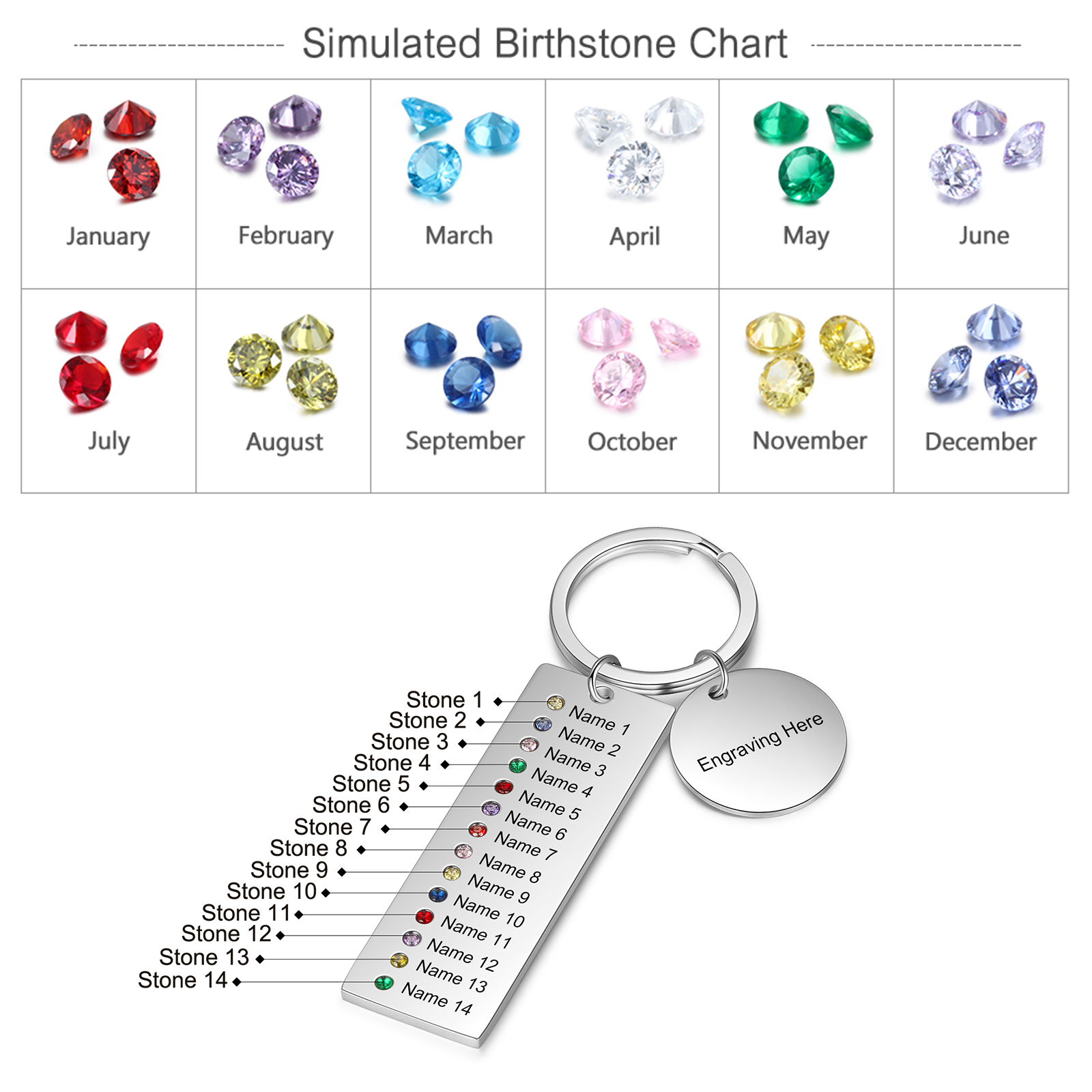 Personalised Birthstones Keychain Engraved 14 Names Keychain Gifts For Her