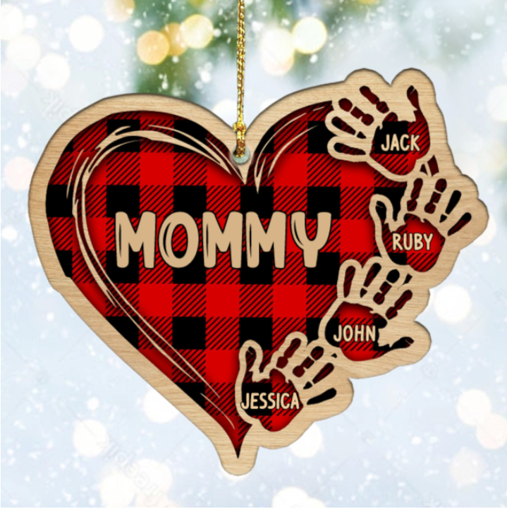 Grandma Mom Heart Hand Print Wood Ornament Custom 4 Names for Family-Jessemade AU