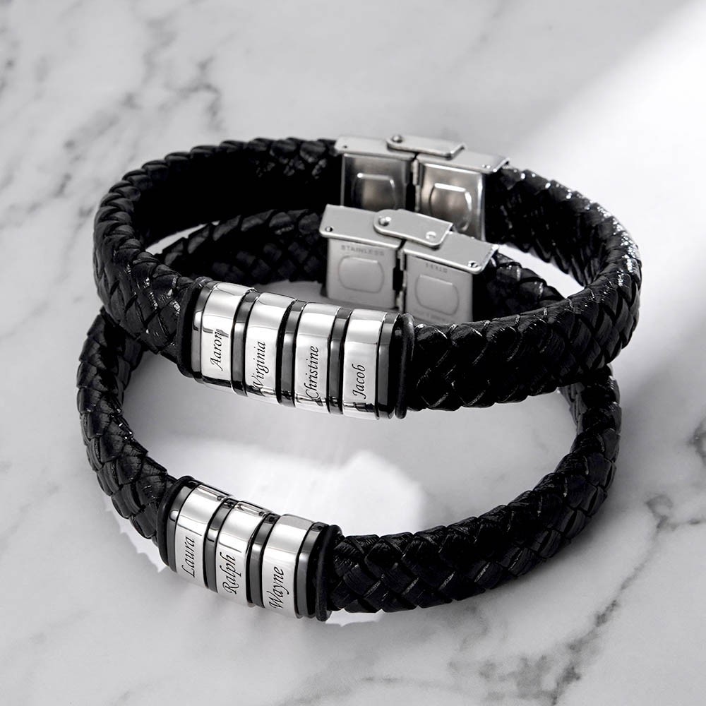 Men Leather Braided Bracelet Personalised with 4 Names 4 Beads Gift For Father's Day-Jessemade AU