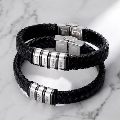 Men Leather Braided Bracelet Personalised with 4 Names 4 Beads Gift For Father's Day-Jessemade AU