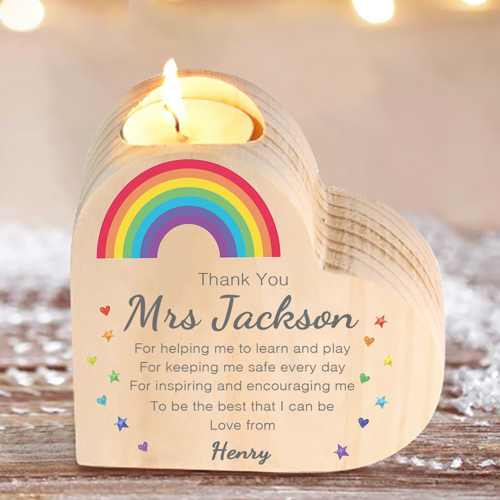 Wooden Candle Holder Custom Text & Name Rainbow Candlestick Teachers' Day Gift For Teacher - Thank You For Helping Me To Learn And Play-Jessemade AU