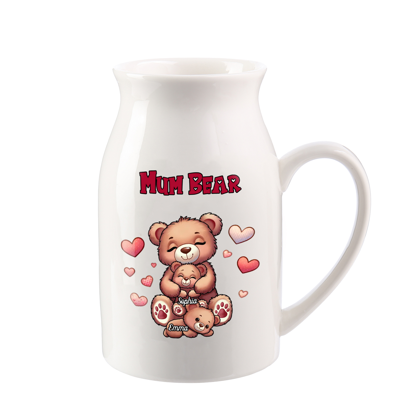 Personalised Ceramic Flower Vase Custom 2–8 Names & 1 Text Bear Family Vase Gift for Mother/Grandma-Jessemade AU