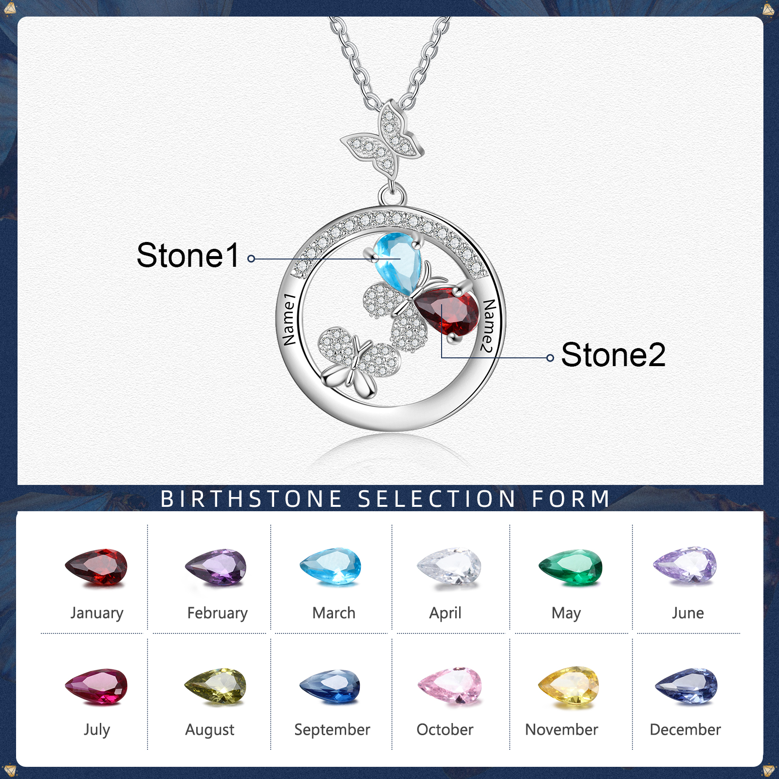 Personalised Butterfly Necklace With 2 Birthstones Custom Names Best Gift For Her-Jessemade AU