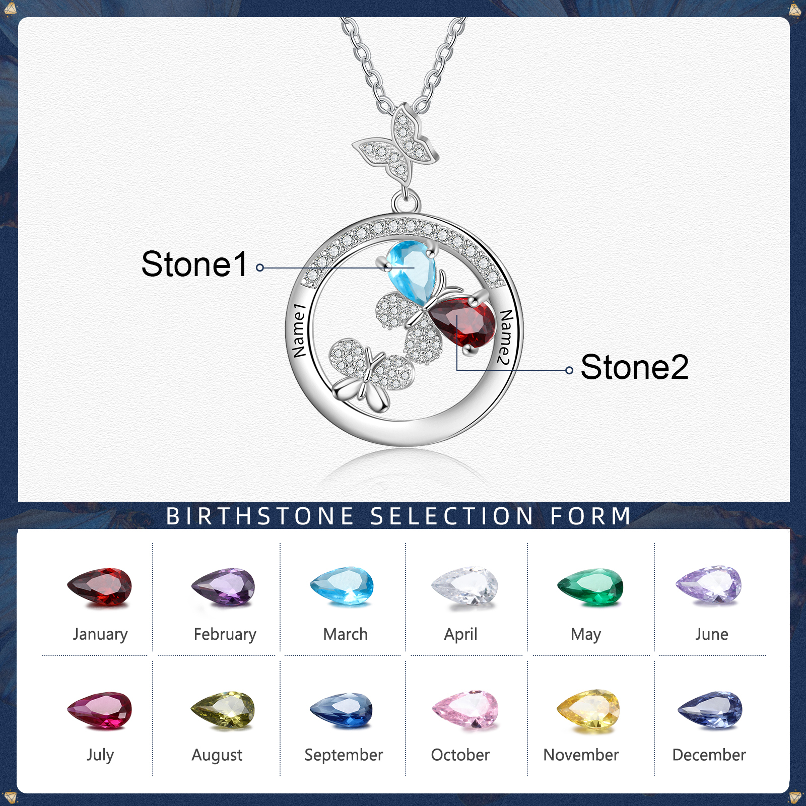 Personalised Butterfly Necklace With 2 Birthstones Custom Names Best Gift For Her-Jessemade AU