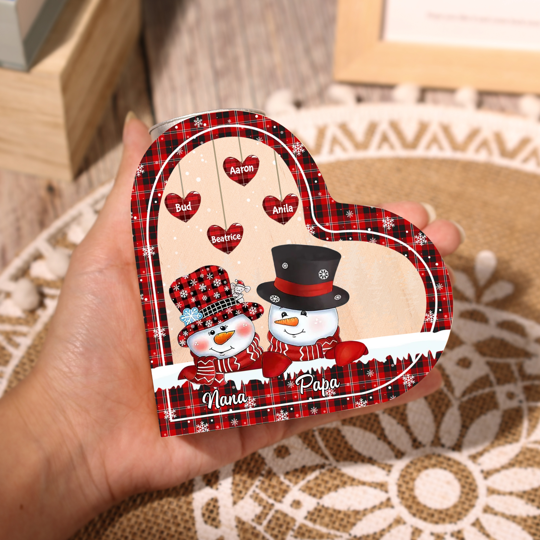 Heart-Shaped Christmas Candle Holder Engraved 6 Names Snowman Candlesticks Personalised Gift for Family-Jessemade AU