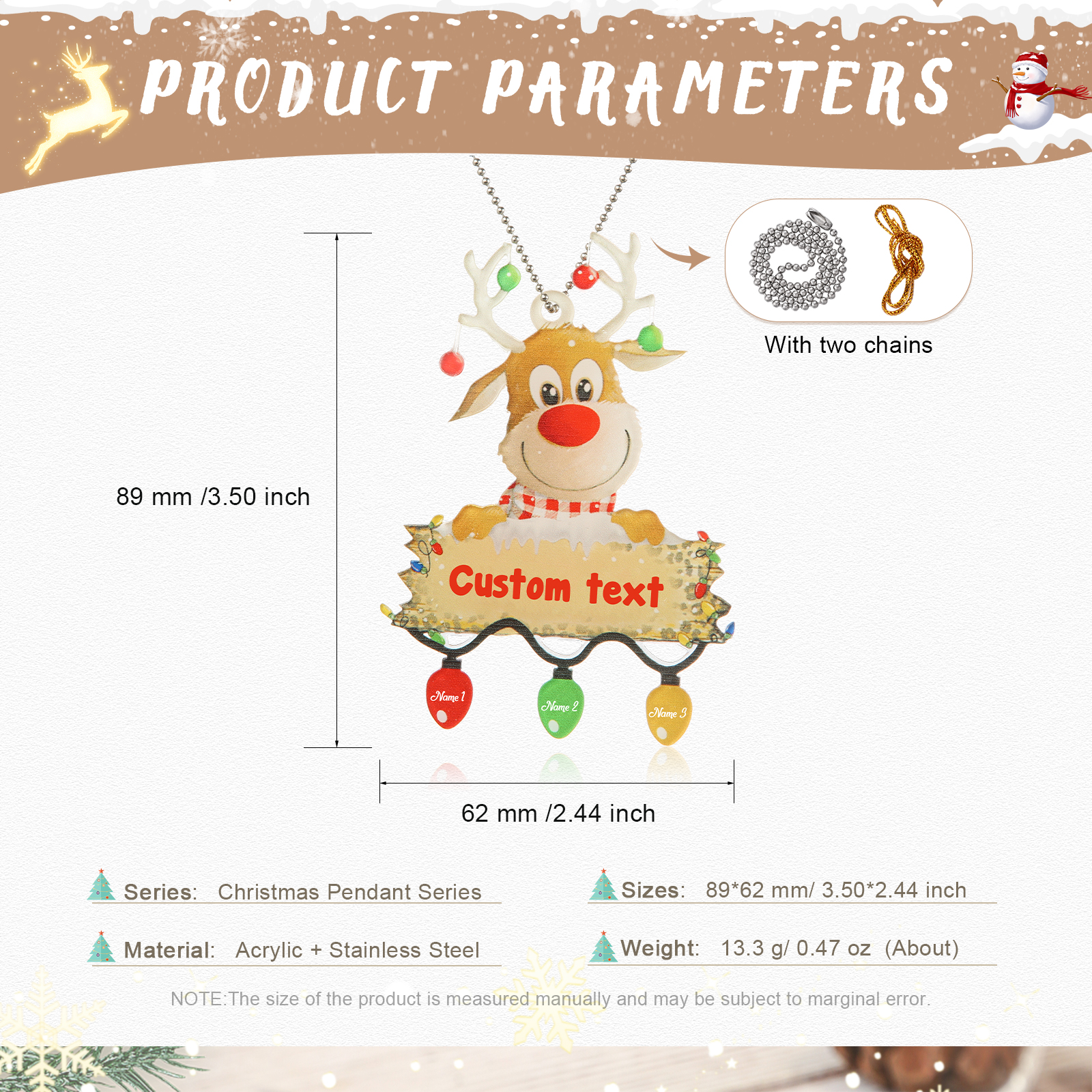 3 Names - Personalised Acrylic Christmas Reindeer Ornaments Customised Text & Name Xmas Decor Gifts for Family-Jessemade AU