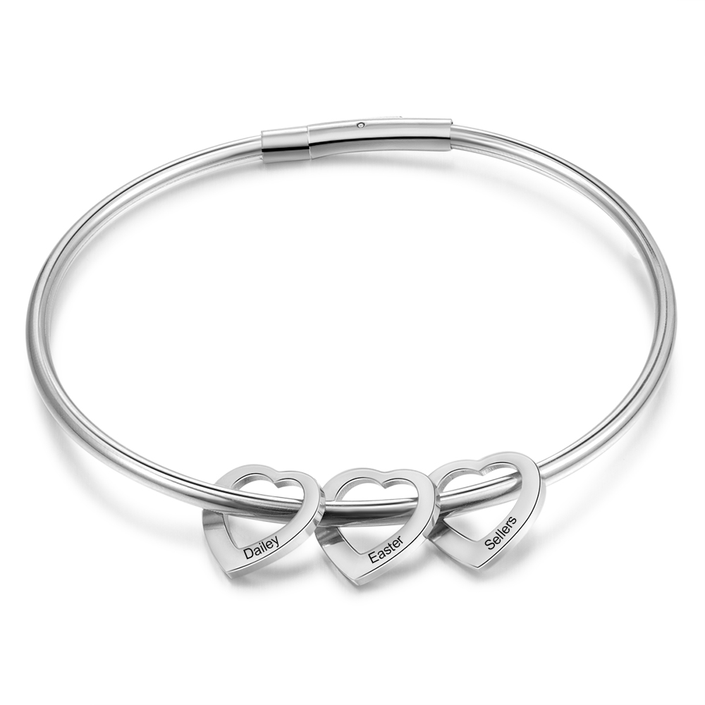 Personalised Love Bracelet with 3 Heart Charms Engraved 3 Names Bangle Bracelet Rose for Her-Jessemade AU