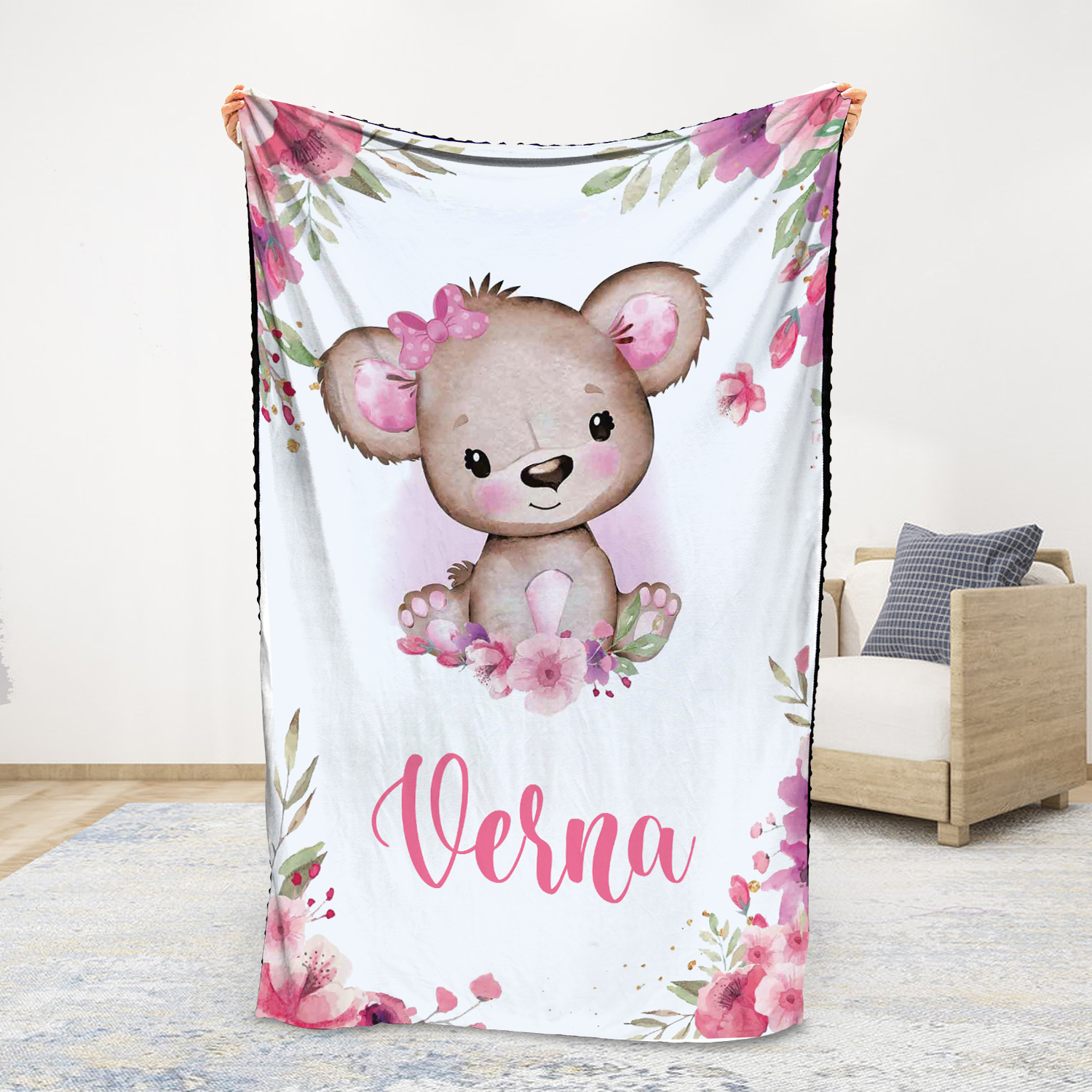 Personalised Pink Bear Blanket Custom Name Cute Cartoon Blanket-Jessemade AU