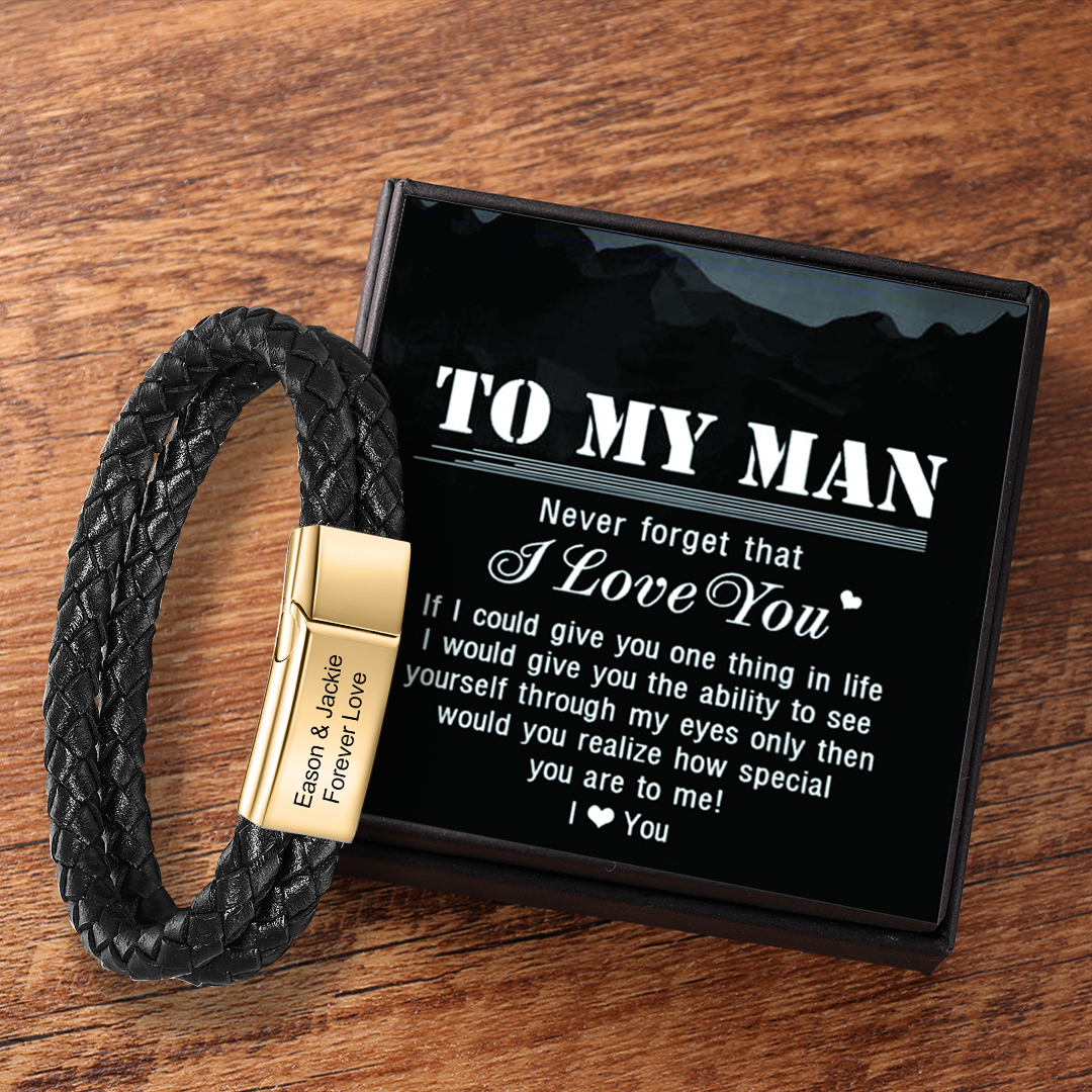 Men Leather Bracelet Engraved Bar Name Bracelet Gift For Him-Jessemade AU