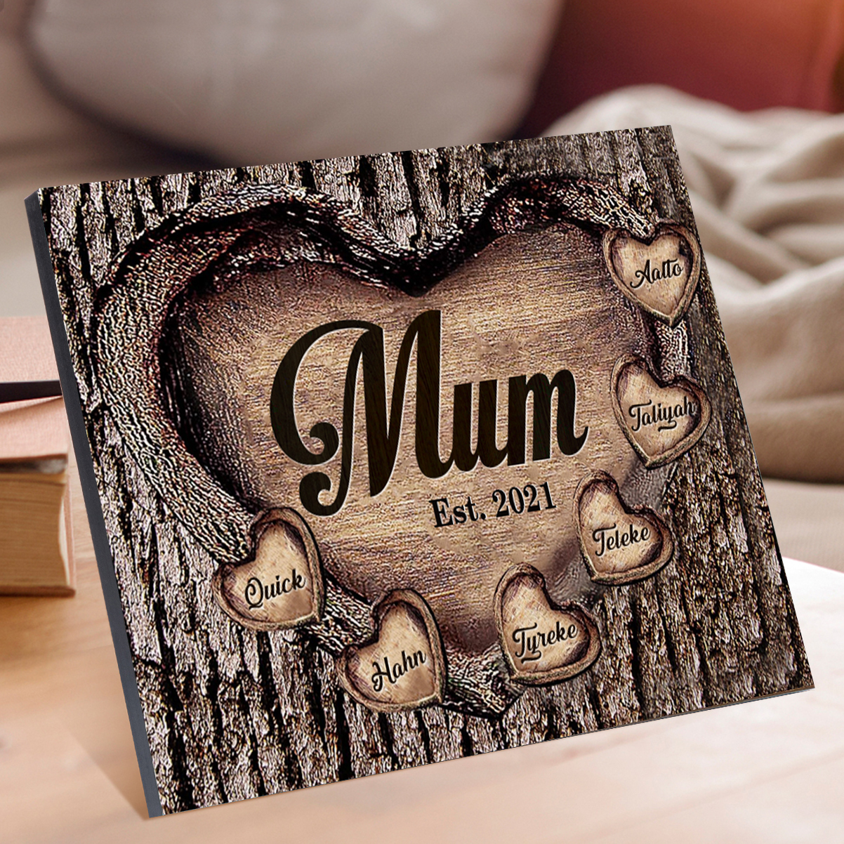 6 Names - Personalised Mum Wooden Plaque Custom Date & Names Home Decoration Hearts Gift for Mother-Jessemade AU