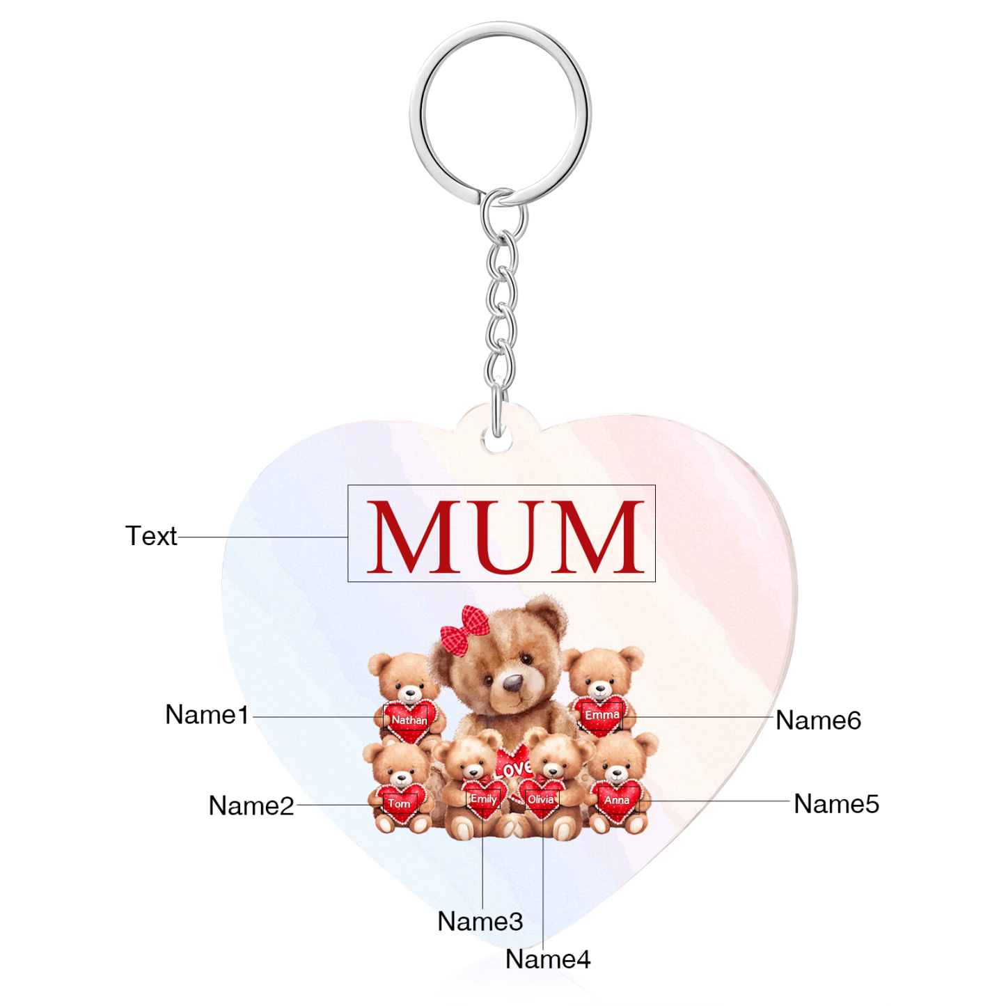 6 Names - Personalised Acrylic Keychain Custom 1 Text Teddy Bears Family Hanging Ornaments Gift for Mum/Grandma-Jessemade AU