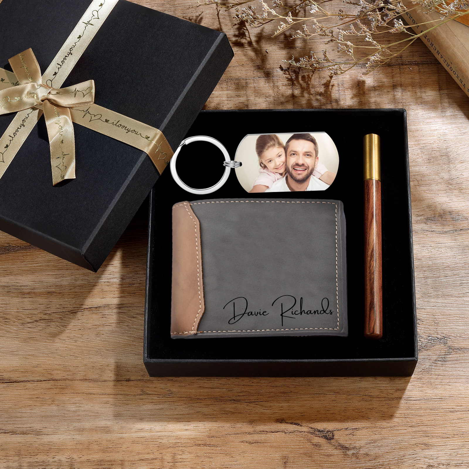 Personalised 2 Texts & 2 Photos Gift Set Wallet & Keychain & Pen Gift Box Set Father’s Day Gift for Him-Jessemade AU