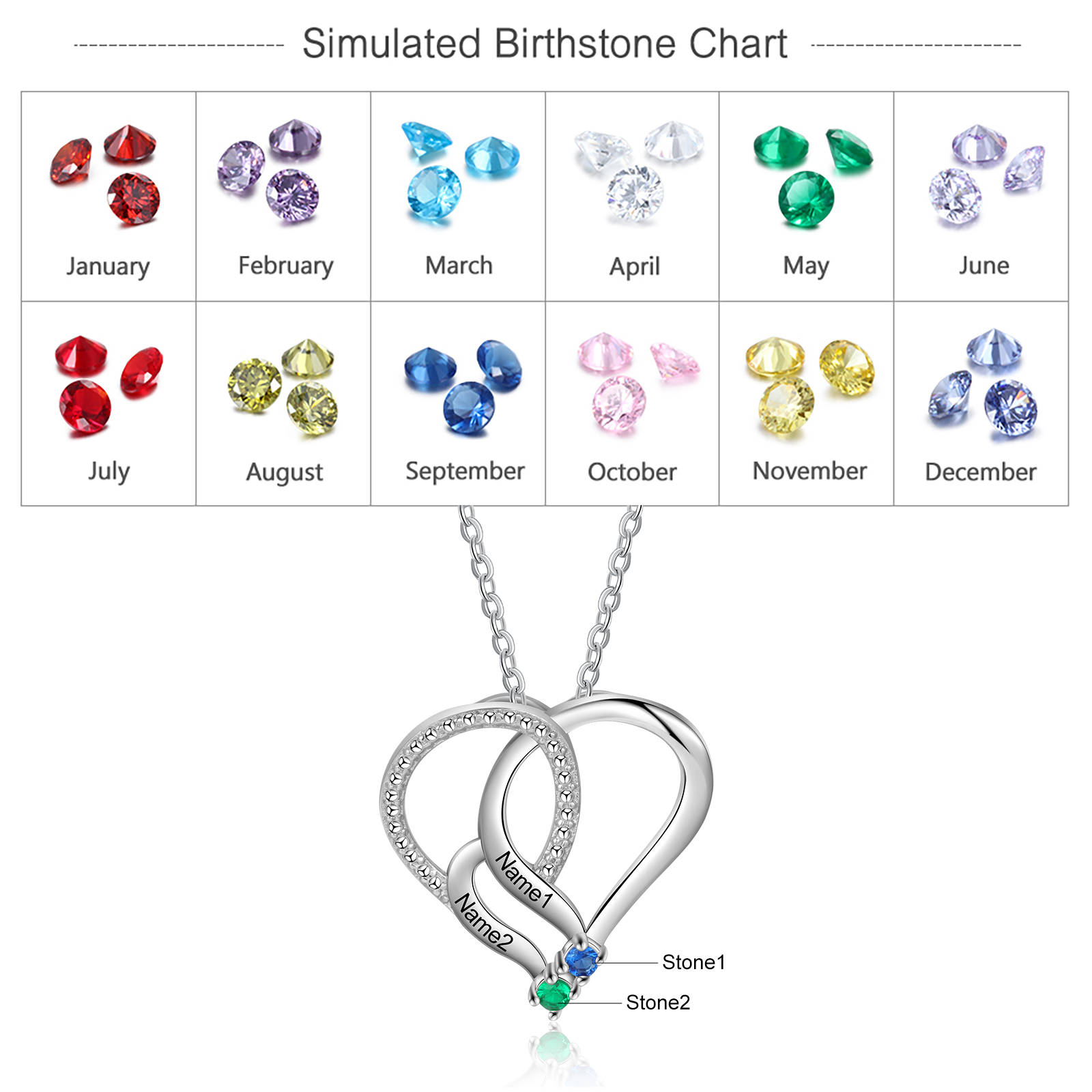 Personalised Heart Necklace With 2 Birthstones Engraved Names Gift For Her-Jessemade AU