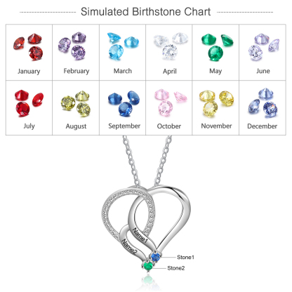 Personalised Heart Necklace With 2 Birthstones Engraved Names Gift For Her-Jessemade AU
