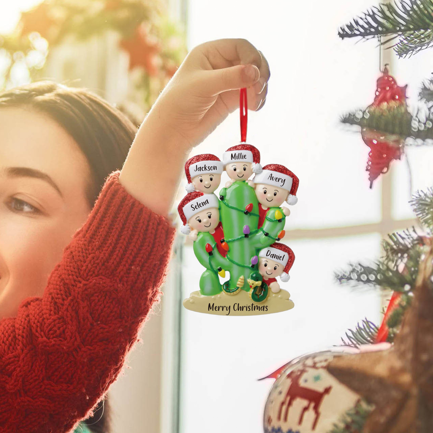 5 Names - Personalised Cactus Ornament Customised Name & Text Christmas Tree Wooden Decor Gift for Family and Friends-Jessemade AU