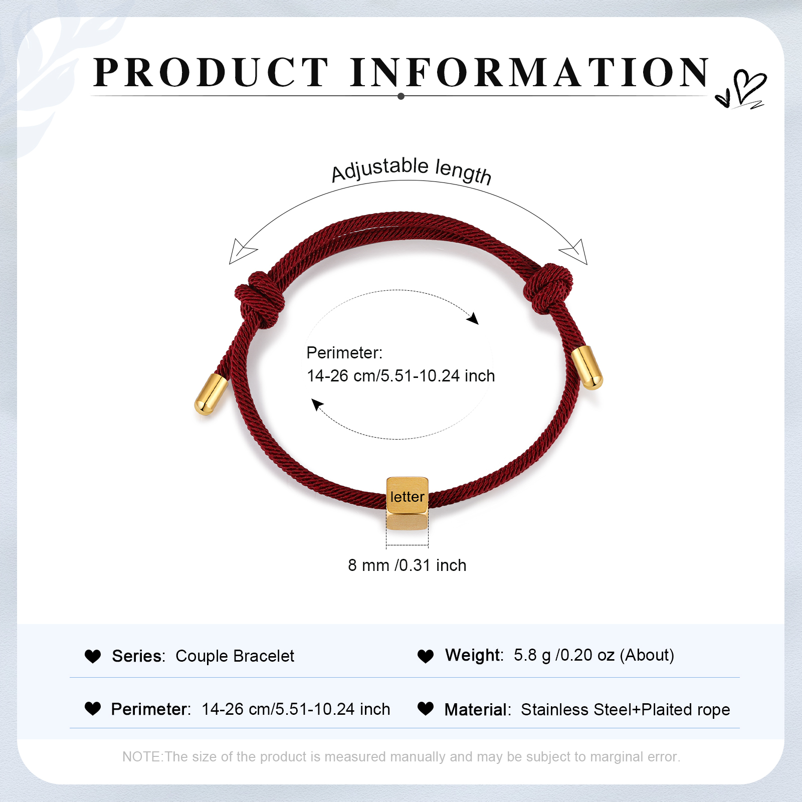 Red Couple's Bracelet Custom Letter Engraved Beads Stainless Steel Bracelet Personalised Gift for Him/Her-Jessemade AU