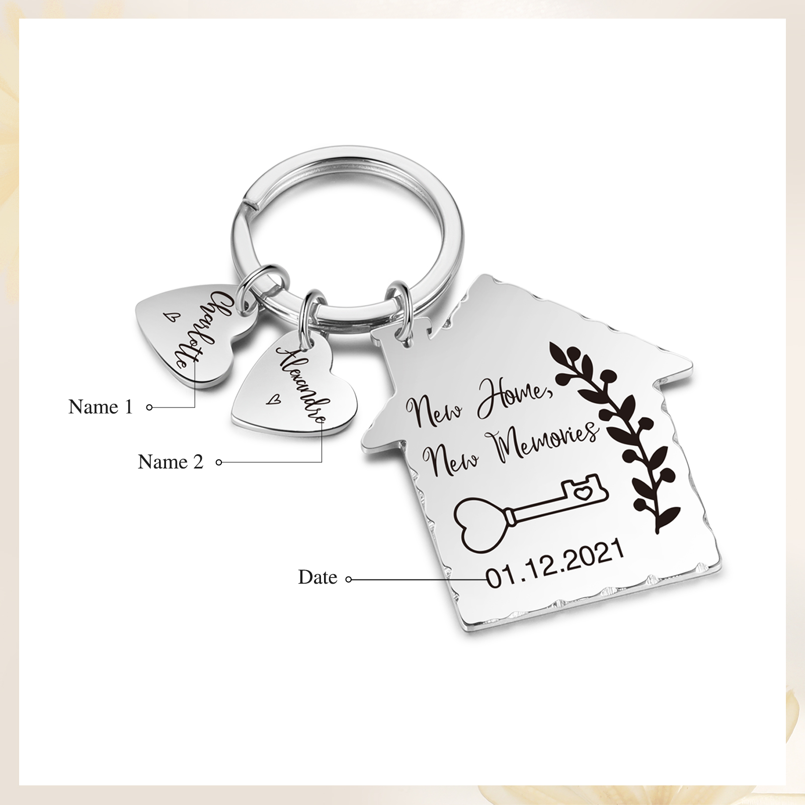 New Home Keychain Custom 2 Names & Date Keyring Stainless Steel Personalised Gift for Couples-Jessemade AU