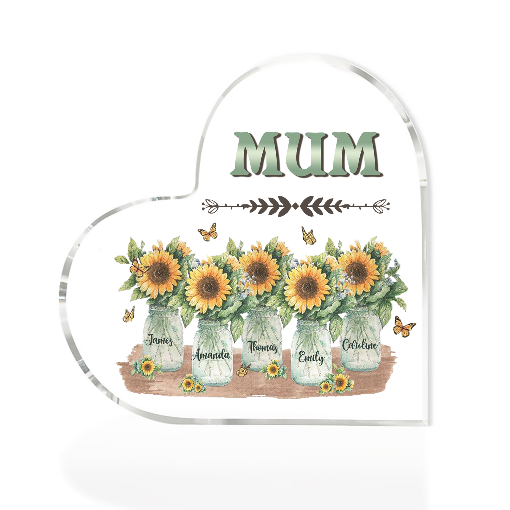 Personalised Acrylic Heart Keepsake Custom 5 Names & 1 Text Sunflower Vase Ornament Gifts for Mother/Grandma-Jessemade AU