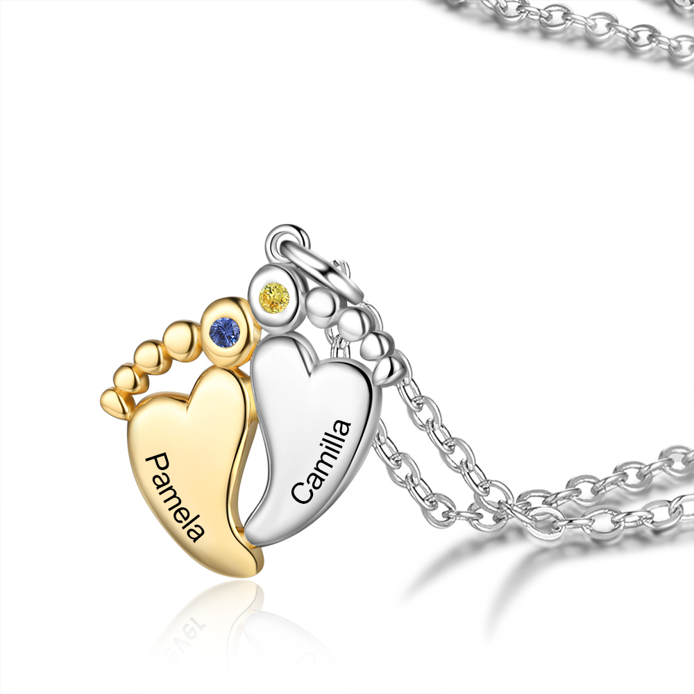 Personalised Baby Feet Necklace With 2 Birthstones Engraved Names Gift For Women-Jessemade AU