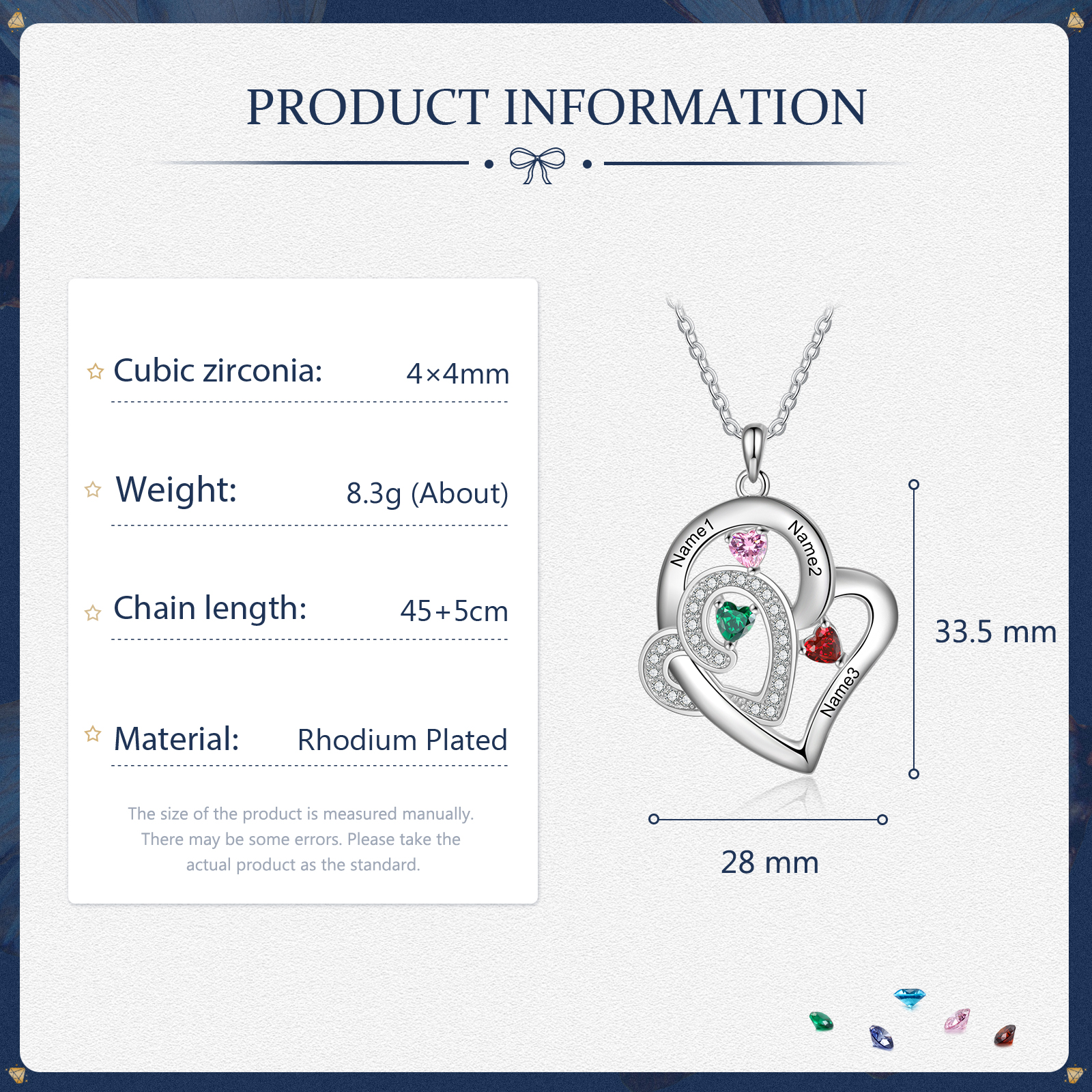 Personalised Double Heart Necklace With 3 Birthstones Custom Names Necklace Gift For Her-Jessemade AU