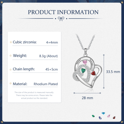 Personalised Double Heart Necklace With 3 Birthstones Custom Names Necklace Gift For Her-Jessemade AU