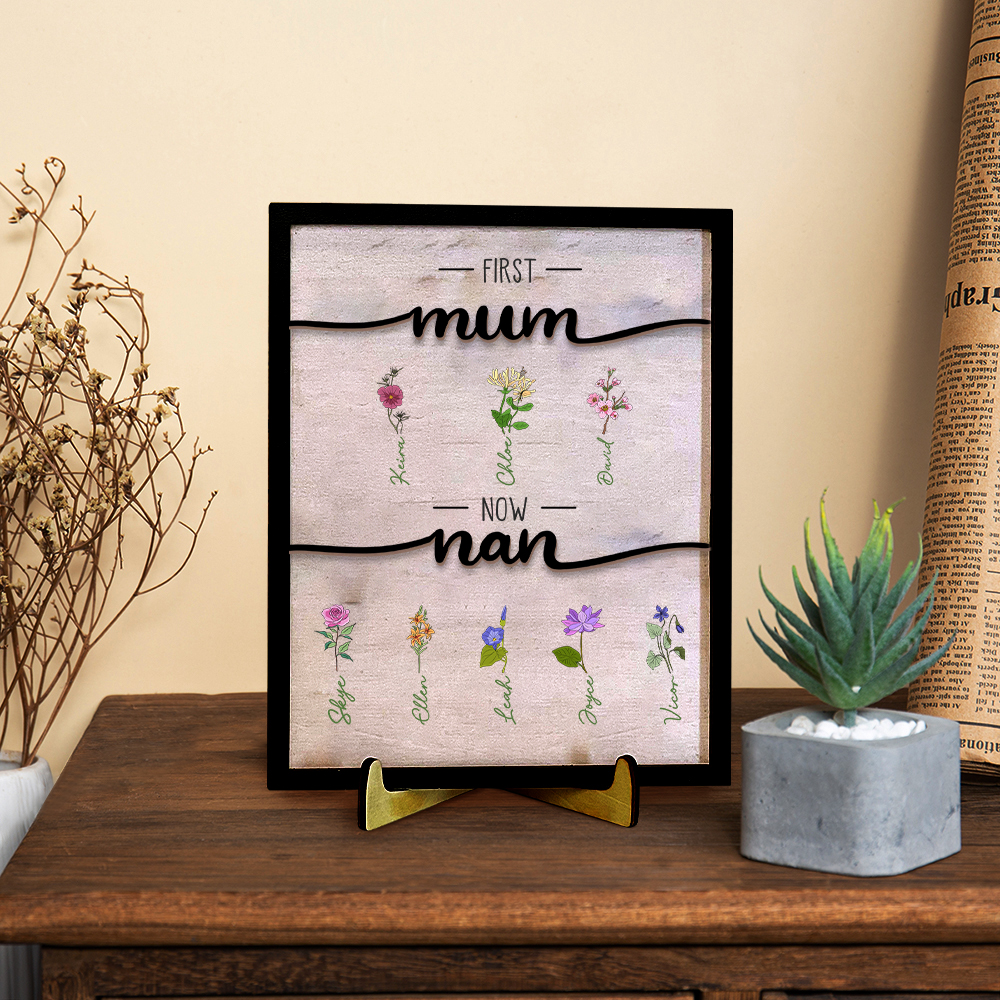 Personalised Birth Flowers Wooden Plaque Custom 2–10 Names Desktop Decor With Stand Gifts for Grandma/Mother-Jessemade AU