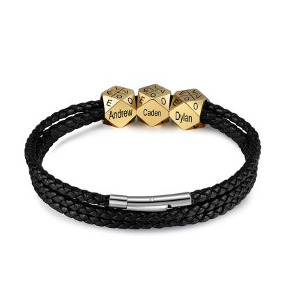 Personalised Braided Leather Bracelet Engraved 6 Names polyhedron Men's Bracelet Gifts For Him-Jessemade AU