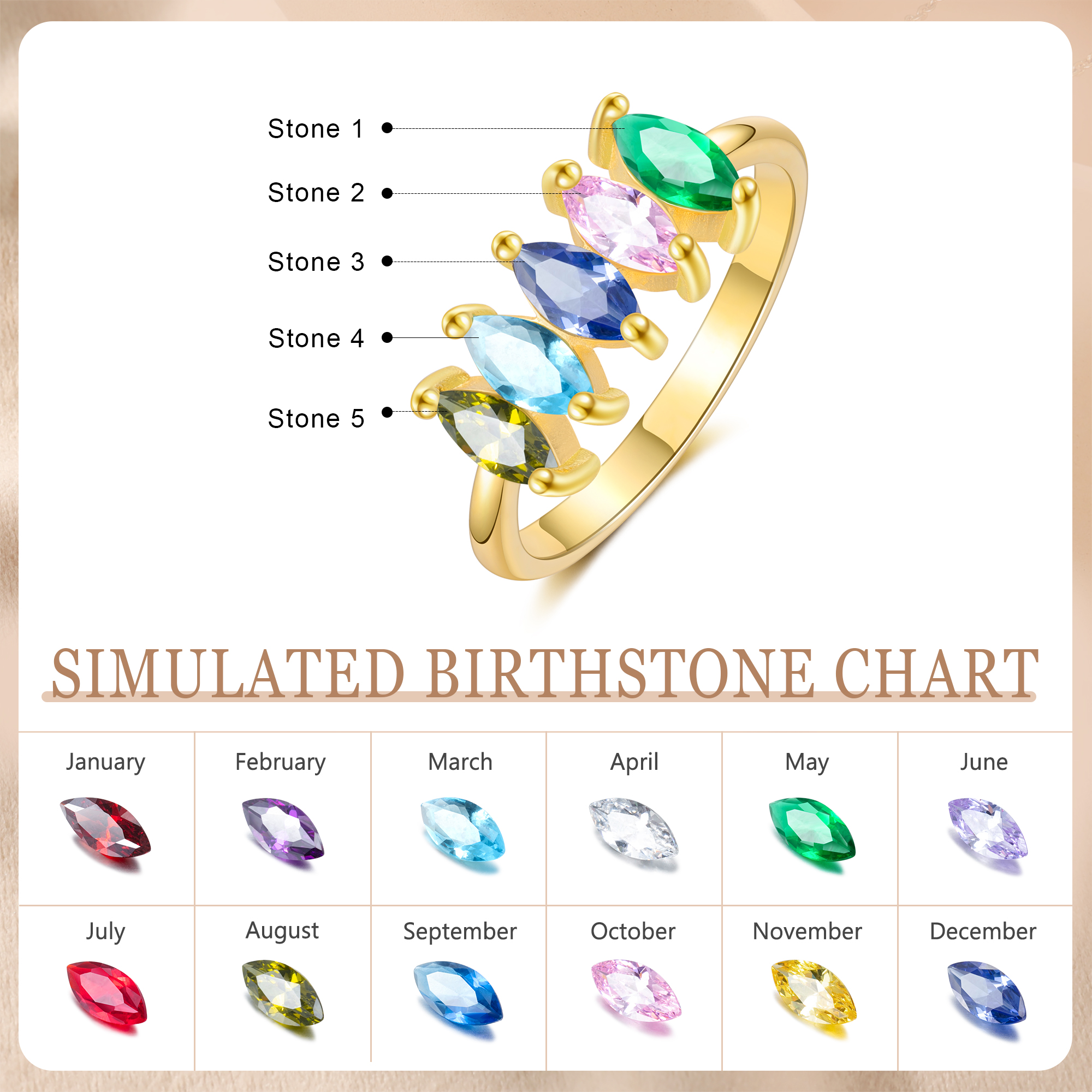 Personalised Women's Ring Custom 5 Birthstones Ring Gold Birthday Gift for Her-Jessemade AU