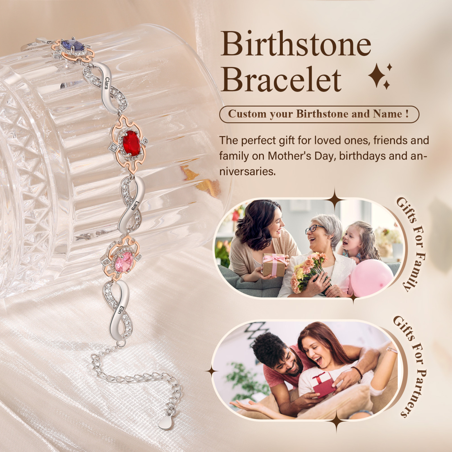 Infinity Bracelet Personalised 3 Birthstones Engraved 4 Names Women's Bracelets Birthday Gift for Her-Jessemade AU