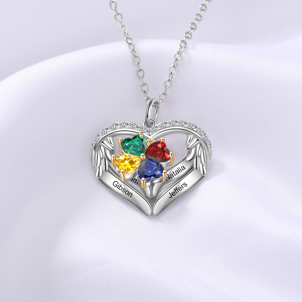 Personalised Wings Necklace With 4 Heart Birthstones Engraved Names Gift For Women-Jessemade AU