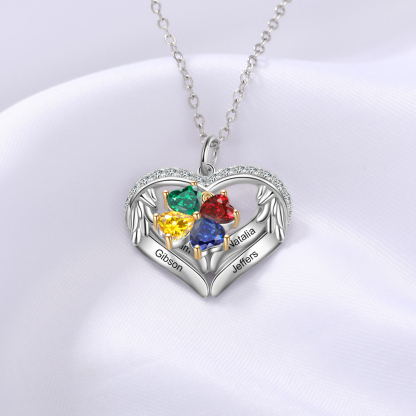 Personalised Wings Necklace With 4 Heart Birthstones Engraved Names Gift For Women-Jessemade AU