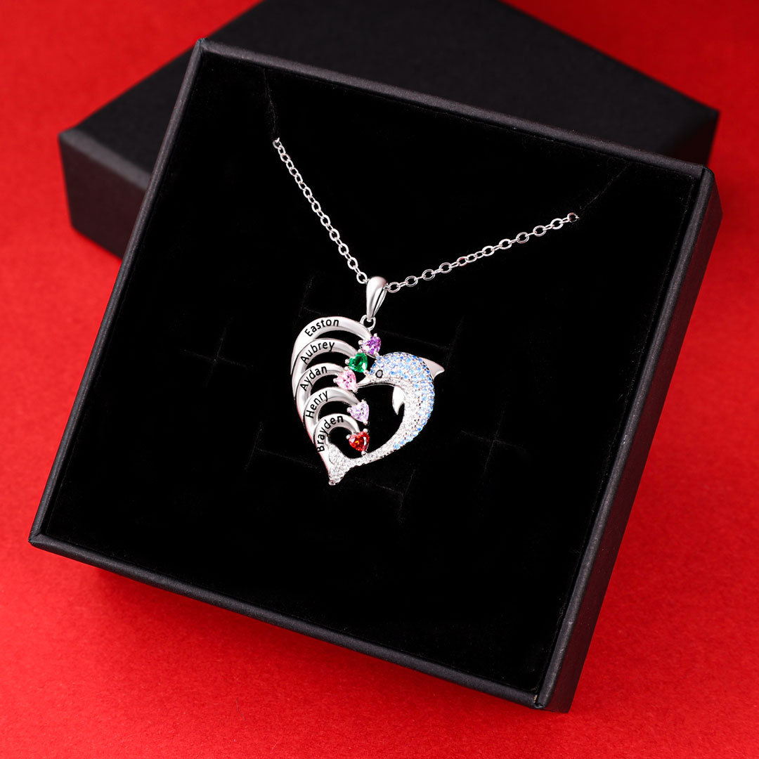 Personalised Heart Dolphin Necklace With 5 Birthstones Engraved Names Gift For Mum-Jessemade AU