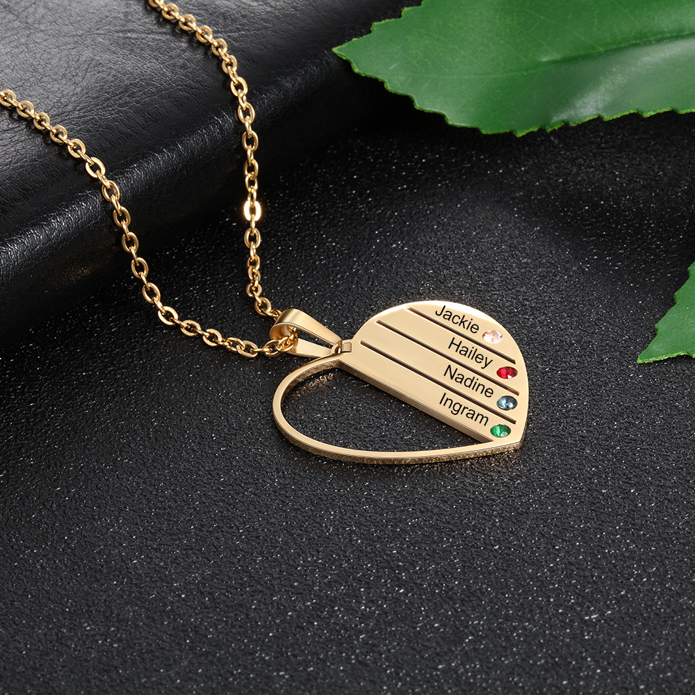 Personalised Heart Necklace With 4 Birthstones Engraved Names Gift For Her-Jessemade AU