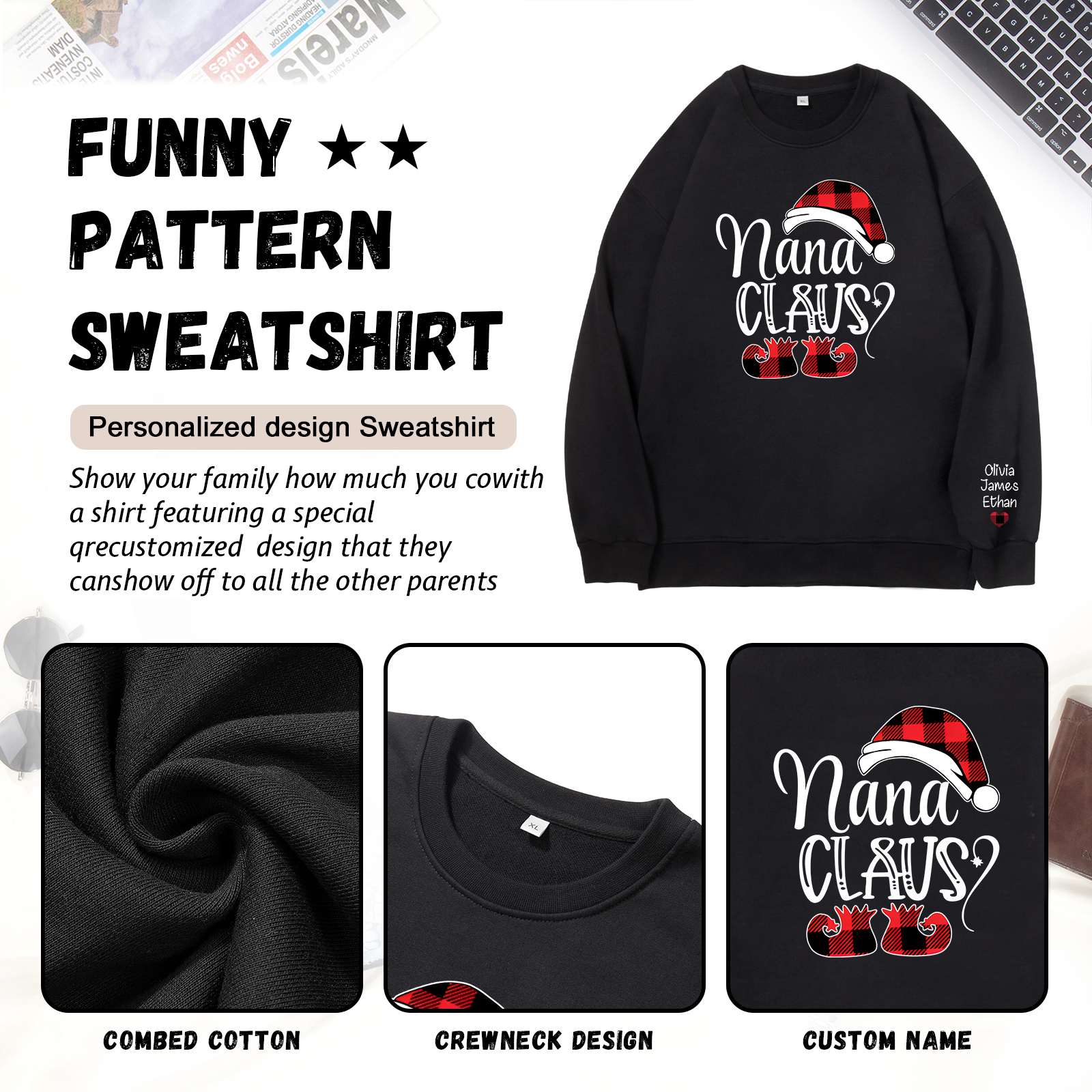 3 Names - Personalised Christmas Sweatshirt Custom Name & Text Sweatshirt Nana Claus Sweatshirt Gift for Family -Jessemade AU