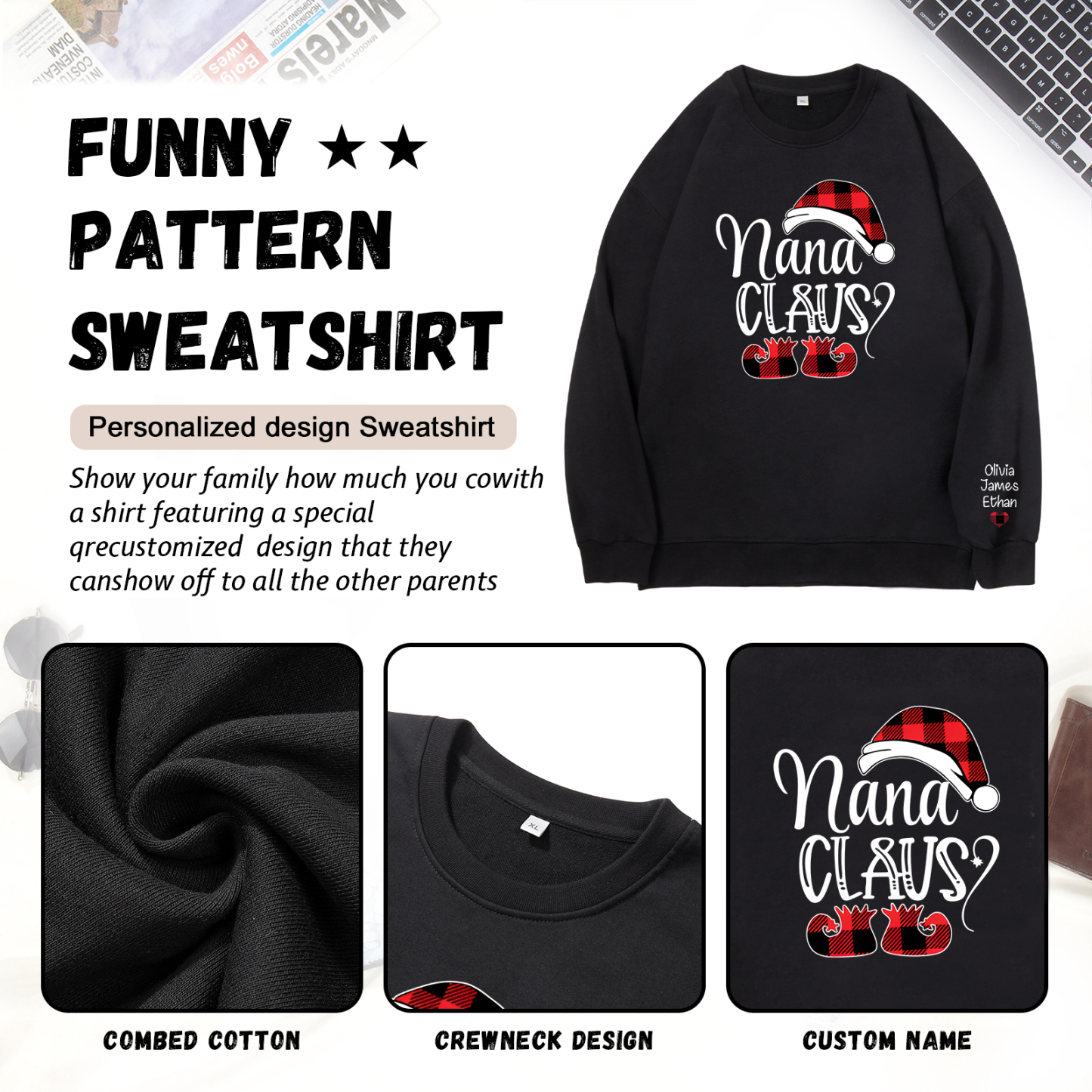 3 Names - Personalised Christmas Sweatshirt Custom Name & Text Sweatshirt Nana Claus Sweatshirt Gift for Family -Jessemade AU