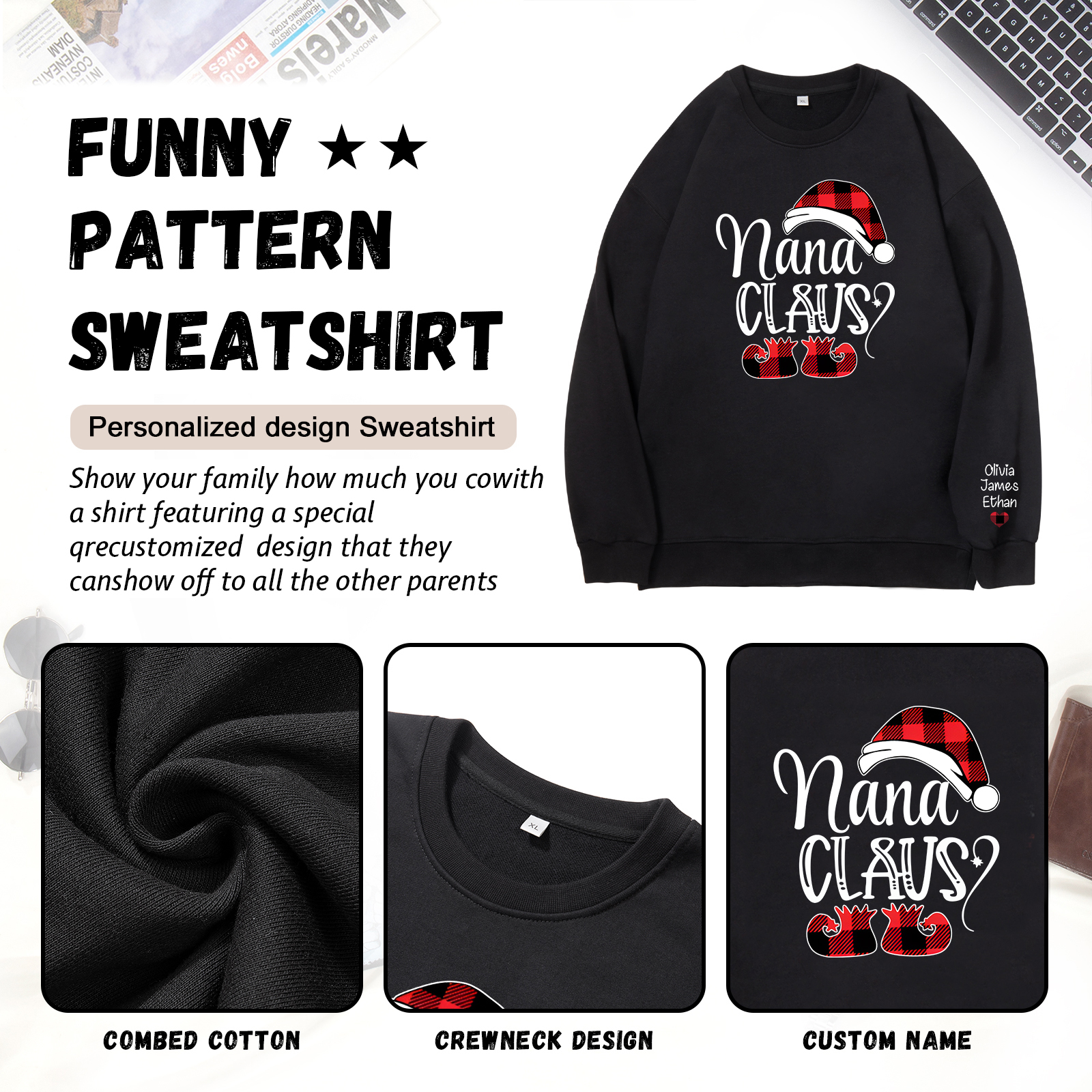 3 Names - Personalised Christmas Sweatshirt Custom Name & Text Sweatshirt Nana Claus Sweatshirt Gift for Family -Jessemade AU