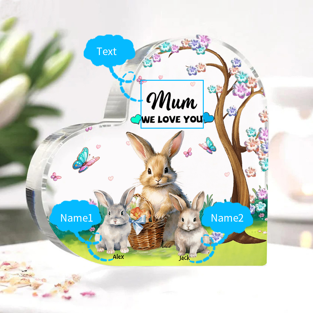 2 Names - Personalised Acrylic Heart Keepsake Custom Text Bunny Family Ornament Gifts for Mother/Grandma-Jessemade AU