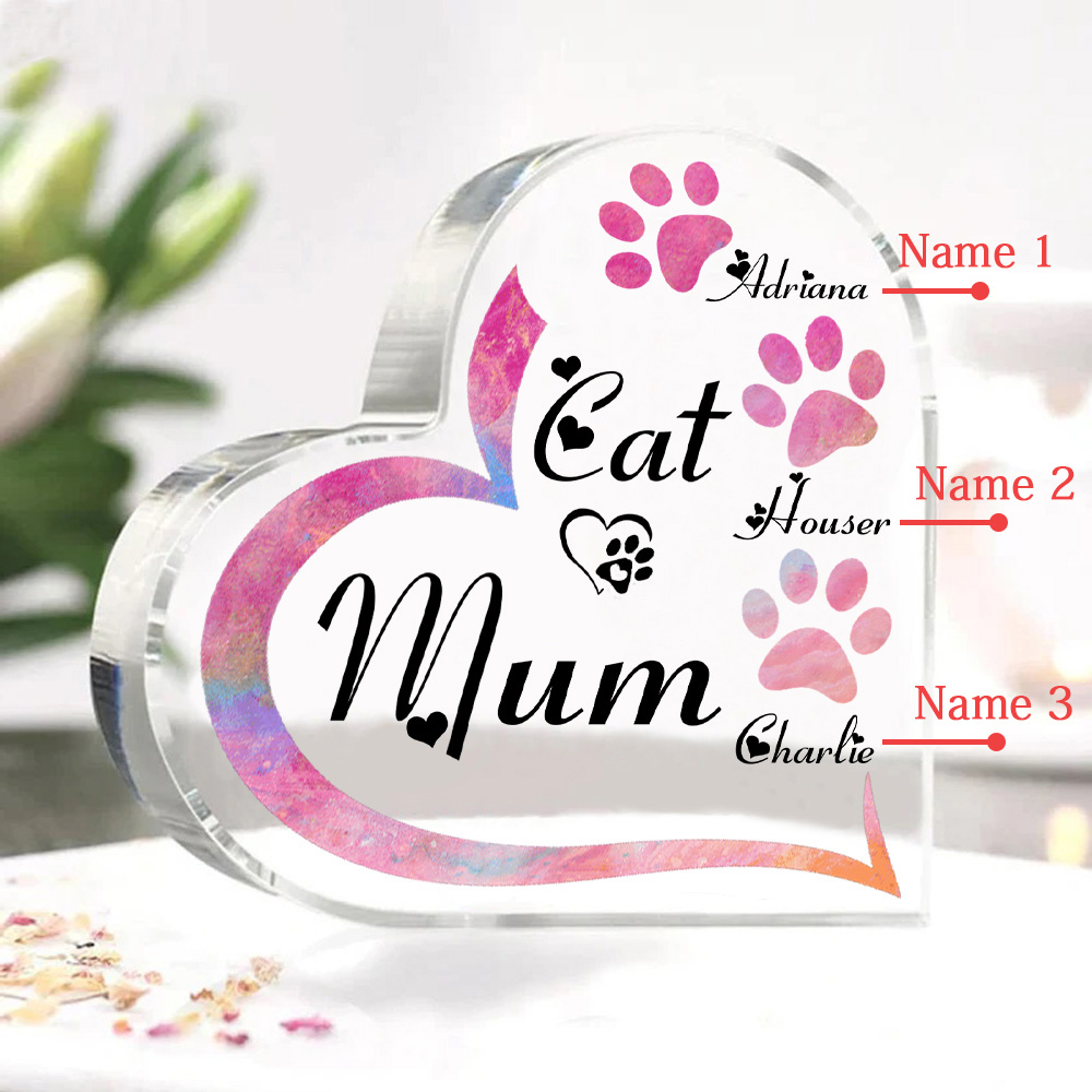 Personalised Acrylic Heart Keepsake Custom 3 Names Cat Footprints Ornaments Gifts for Mum-Jessemade AU