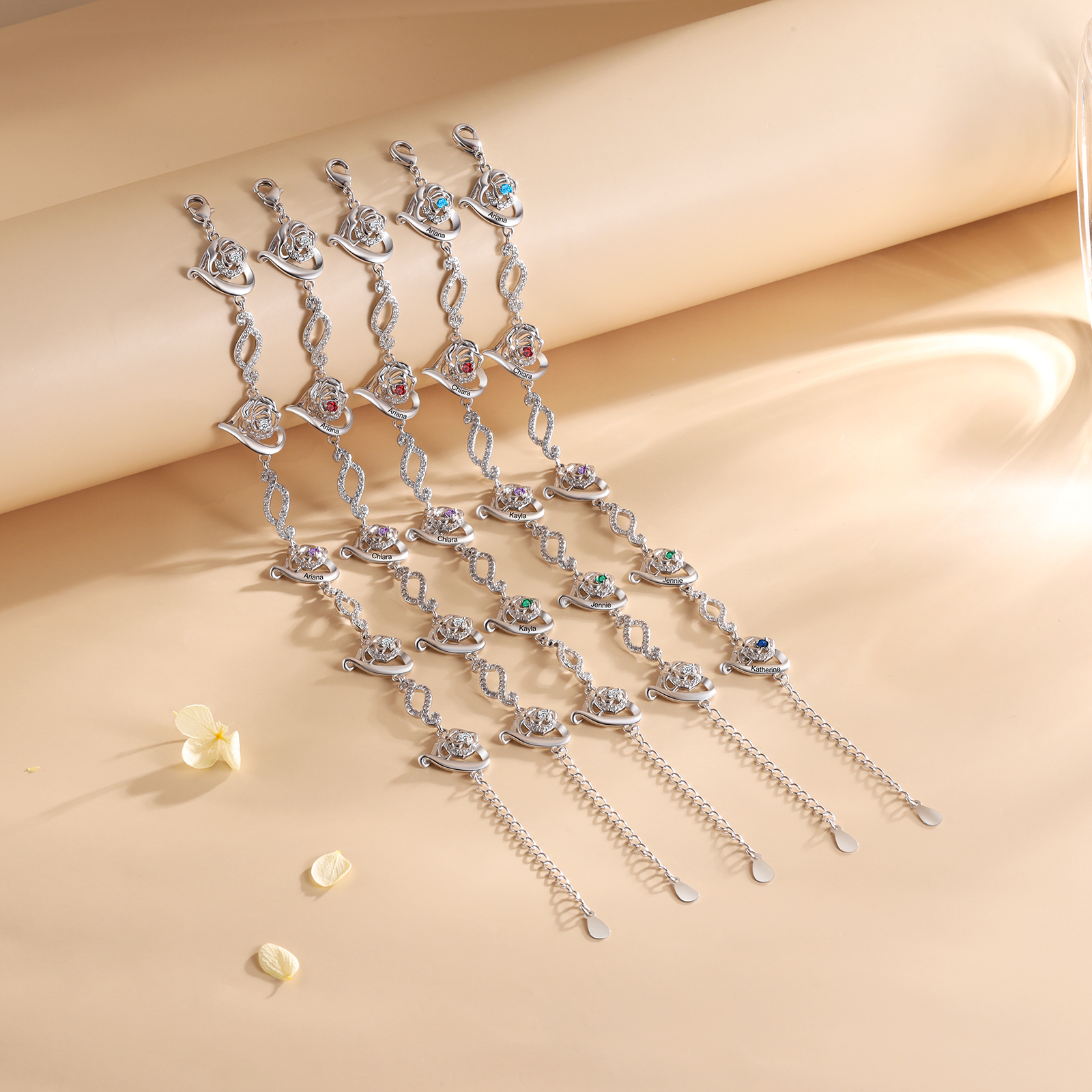 Flowers Bracelet Personalised 1 Birthstone Bracelet Engraved Names Flowers Charm Gifts For Her-Jessemade AU